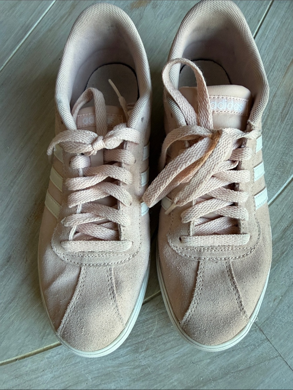 adidas Women’s Light Pink Suede Lace-Up Sneakers with White Stripes